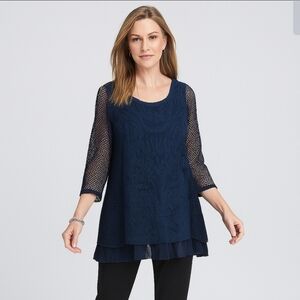 Cleo Navy Lace Tunic Top Size M | Elegant 3/4 Sleeve Blouse